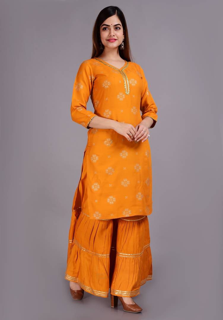 Rayon Yellow Straight Kurta Bottom Set